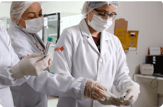 Médicas observando amostras